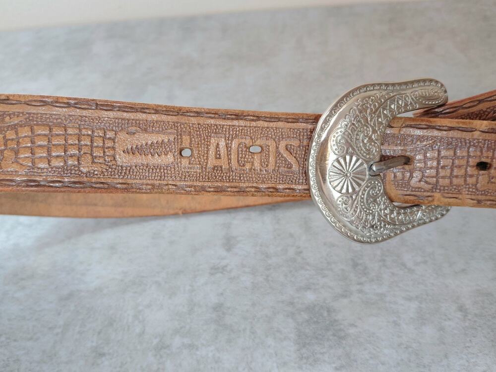 Vintage Lacoste Tooled Leather Western Belt Brown Croc Embossed Silver Buckle 38